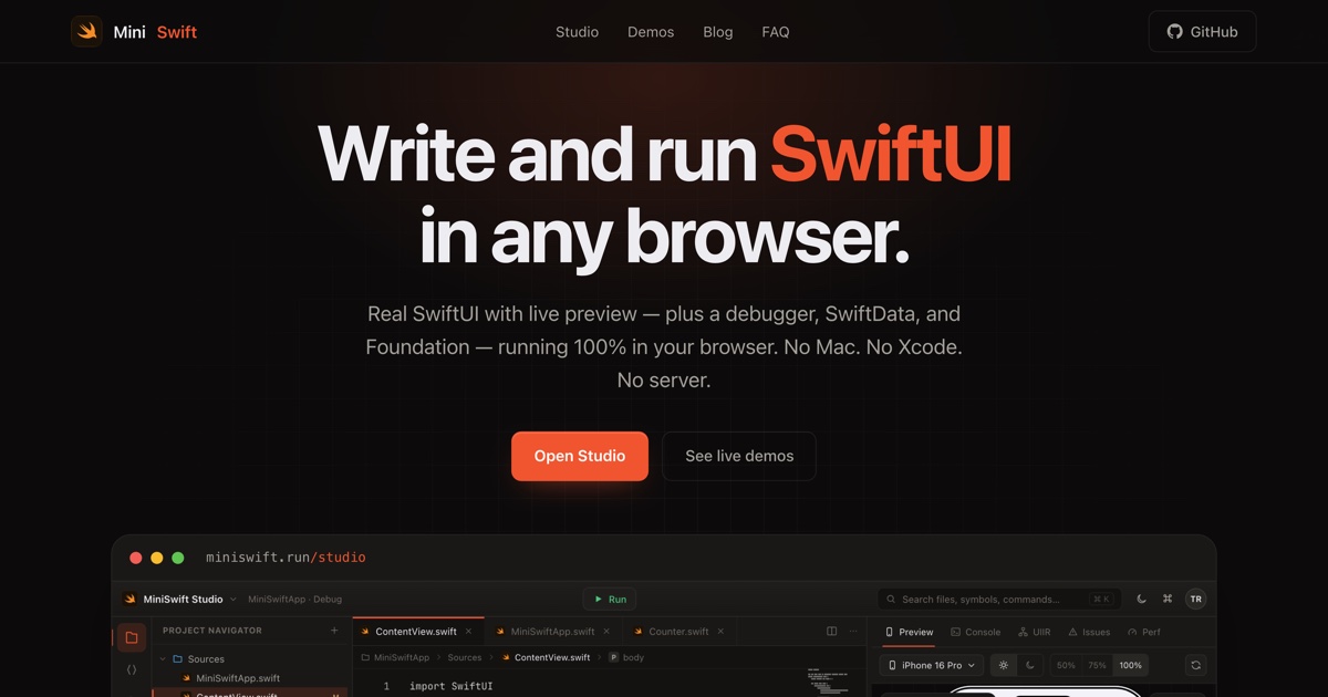 MiniSwift — Run SwiftUI in any browser, no Mac